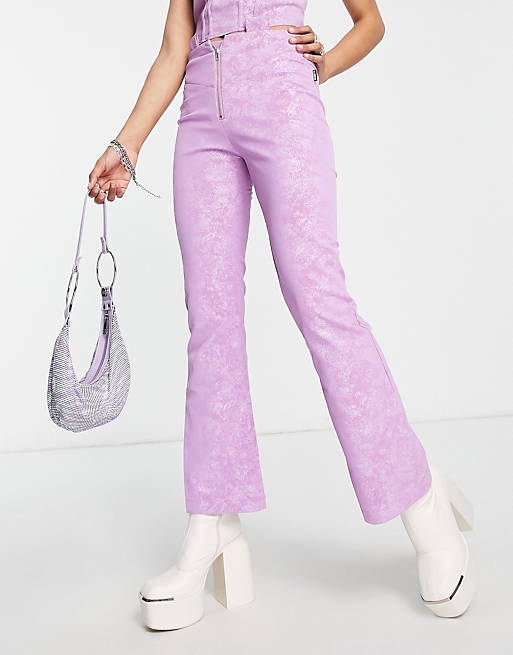 Zemeta high waisted zip front flare pants in purple suedette croc - part of  a set