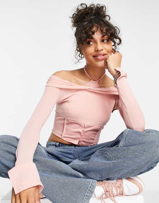 Zemeta long sleeve halter off shoulder crop top in pink ASOS