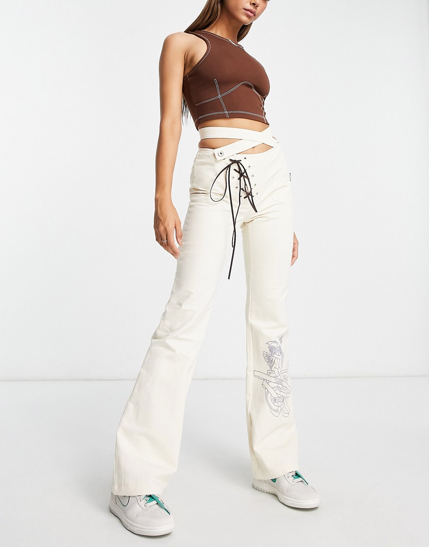low waist pants in ecru with corset cross waist detail-White