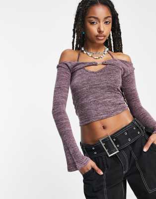 Zemeta off shoulder light knit crop top in purple with tie neck