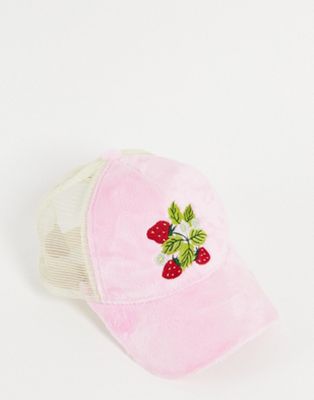Zemeta trucker cap with pink velvet and strawberry graphic