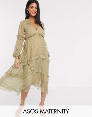 фото Жаккардовое платье миди с пышными рукавами на манжетах asos design maternity-золотой asos maternity