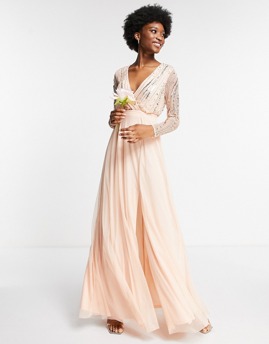 Жемчужно-розовое платье макси с запахом спереди и декоративной отделкой -Розовый цвет Frock And Frill 103875167