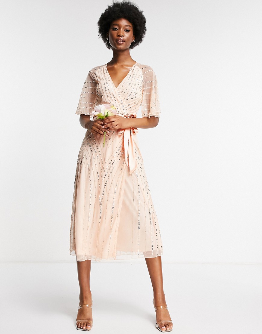 Жемчужно-розовое платье миди с декором Bridesmaids-Розовый цвет Frock And Frill 103876470