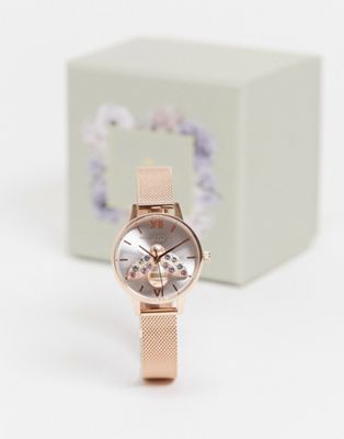 фото Женские часы с сетчатым браслетом, пчелой на циферблате и дизайном в стиле радуги и солнечных лучей olivia burton-синий