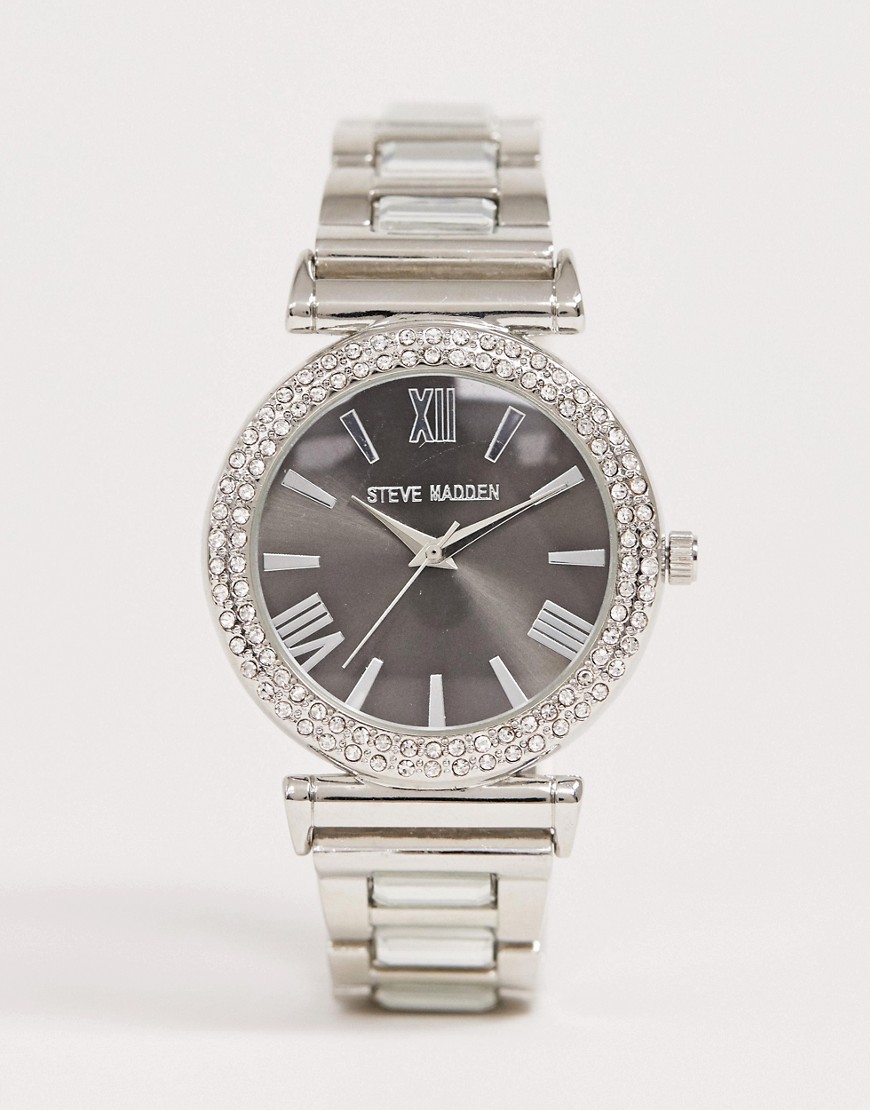 фото Женские посеребренные часы с черным циферблатом steve madden-серебряный