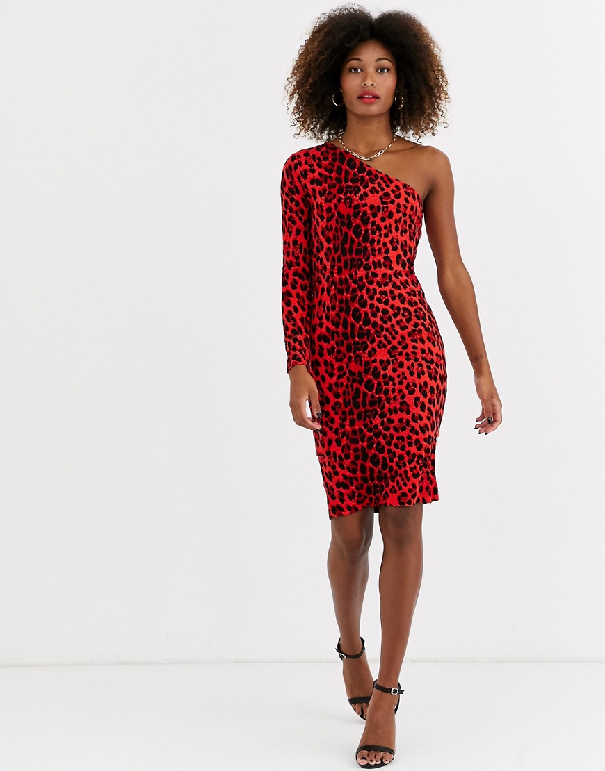 Zibi London – Leopardmönstrad one shoulder-klänning i bodycon-modell-Röd