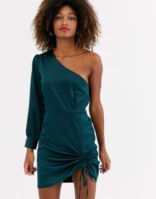 one shoulder ruched mini dress