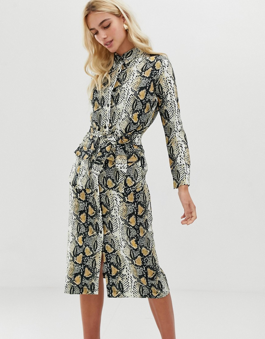 Zibi London – Ormskinnsmönstrad skjortklänning i midilängd med skärp-Beige