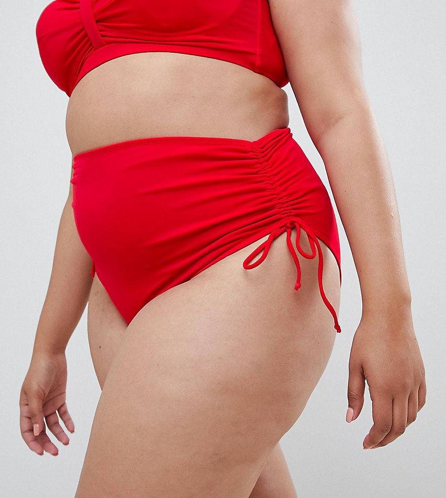 Zizzi - Højtaljet bikiniunderdel med rynket sidedetalje-Rød