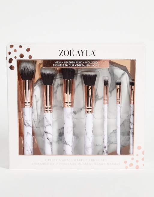 Zoe Ayla – 7-elementowy zestaw pędzli do makijażu w marmurkowy wzór w skórzanym etui - WHITE