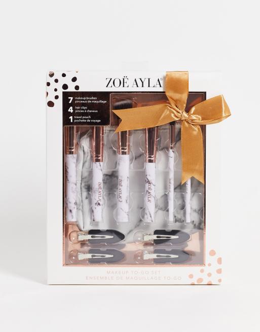 Zoe Ayla Marble Make Up Brush 7 Set with Marble Case Styling Clips 4pk Gift Set - NOC 