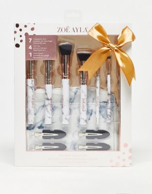 Zoe Ayla Marble Make Up Brush 7 Set with Marble Case Styling Clips 4pk Gift Set - NOC