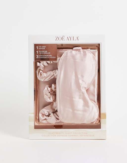 Zoe Ayla – Różowy jedwabisty zestaw do spania: 1 maska na oczy, 1 poszewka na poduszkę i 3 gumki do włosów