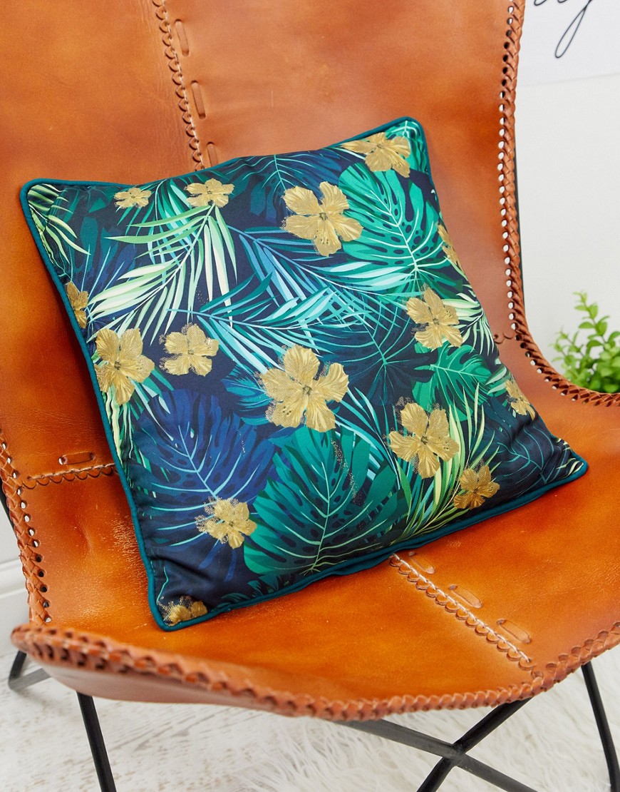 фото Золотистая подушка с листьями и цветами sil-зеленый