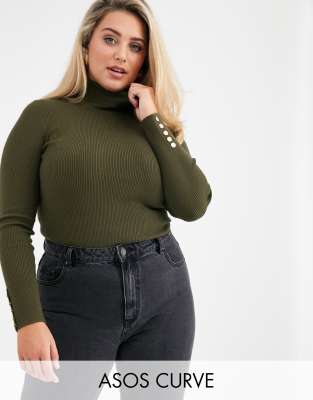 фото Золотистая водолазка с манжетами на пуговицах asos design curve-зеленый asos curve