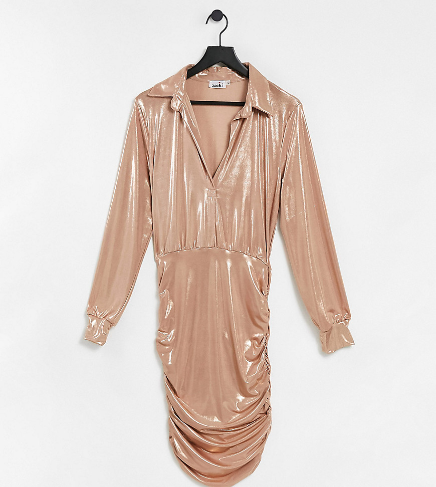 фото Золотисто-розовое платье мини с оборками и воротником с эффектом «металлик» john zack tall-золотистый