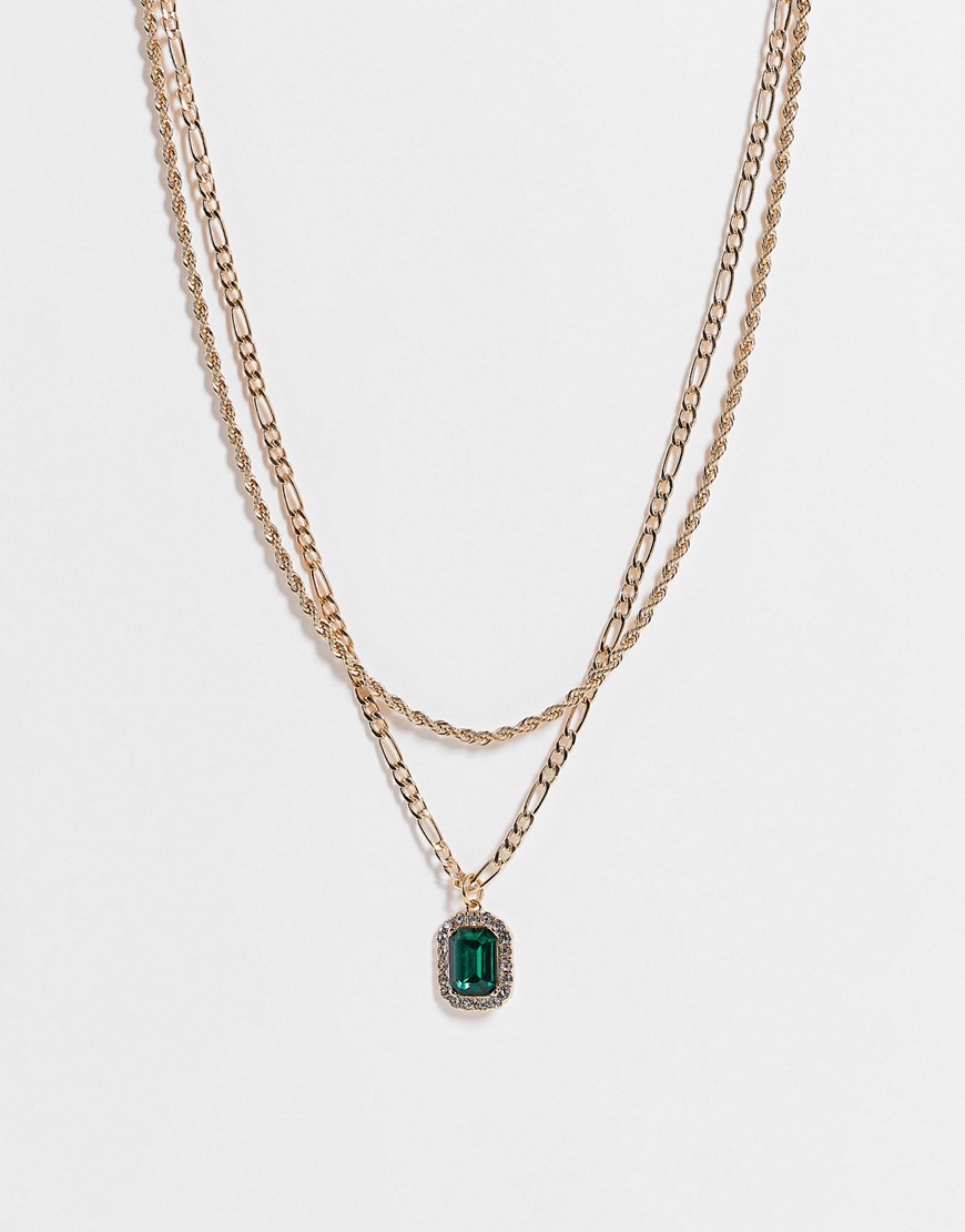 фото Золотистое двухрядное ожерелье с подвеской в виде зеленого камня asos design-серебряный