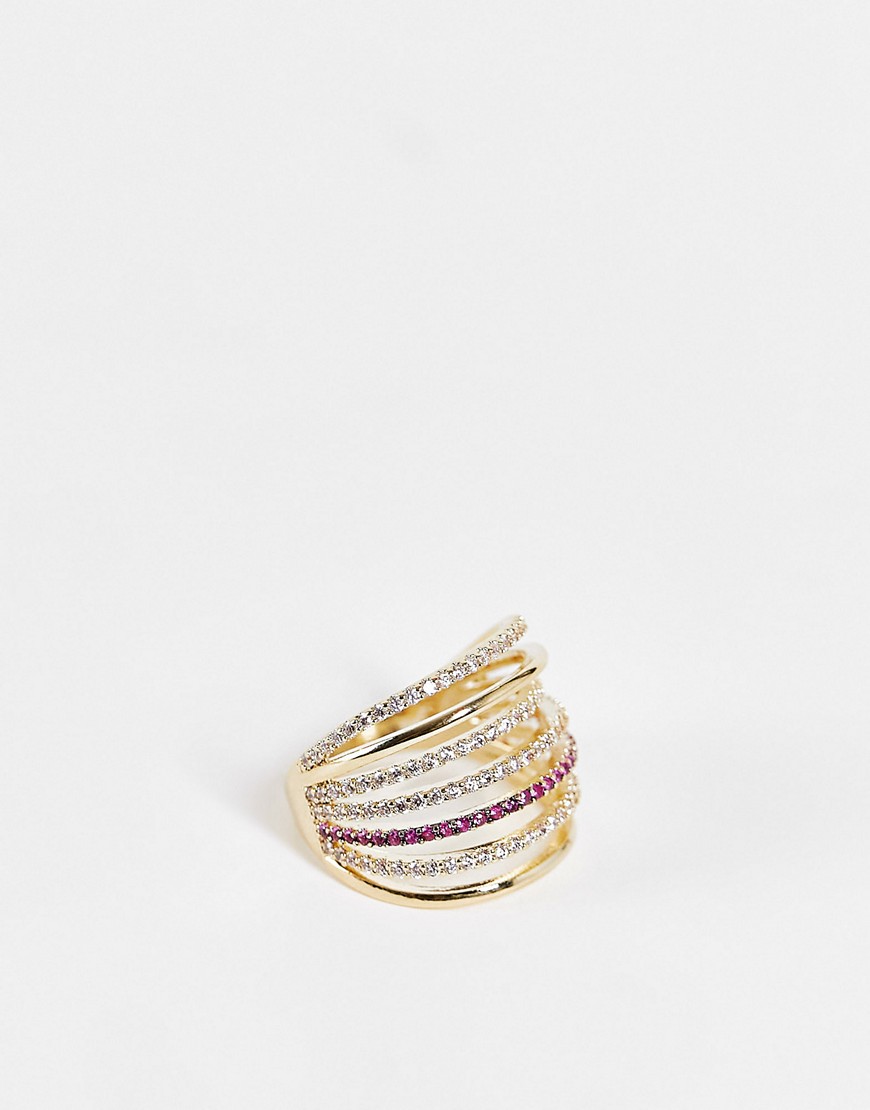 фото Золотистое кольцо из нескольких рядов со стразами цвета фуксии nali-разноцветный