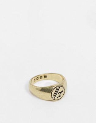фото Золотистое кольцо-печатка с гравировкой icon brand-золотистый