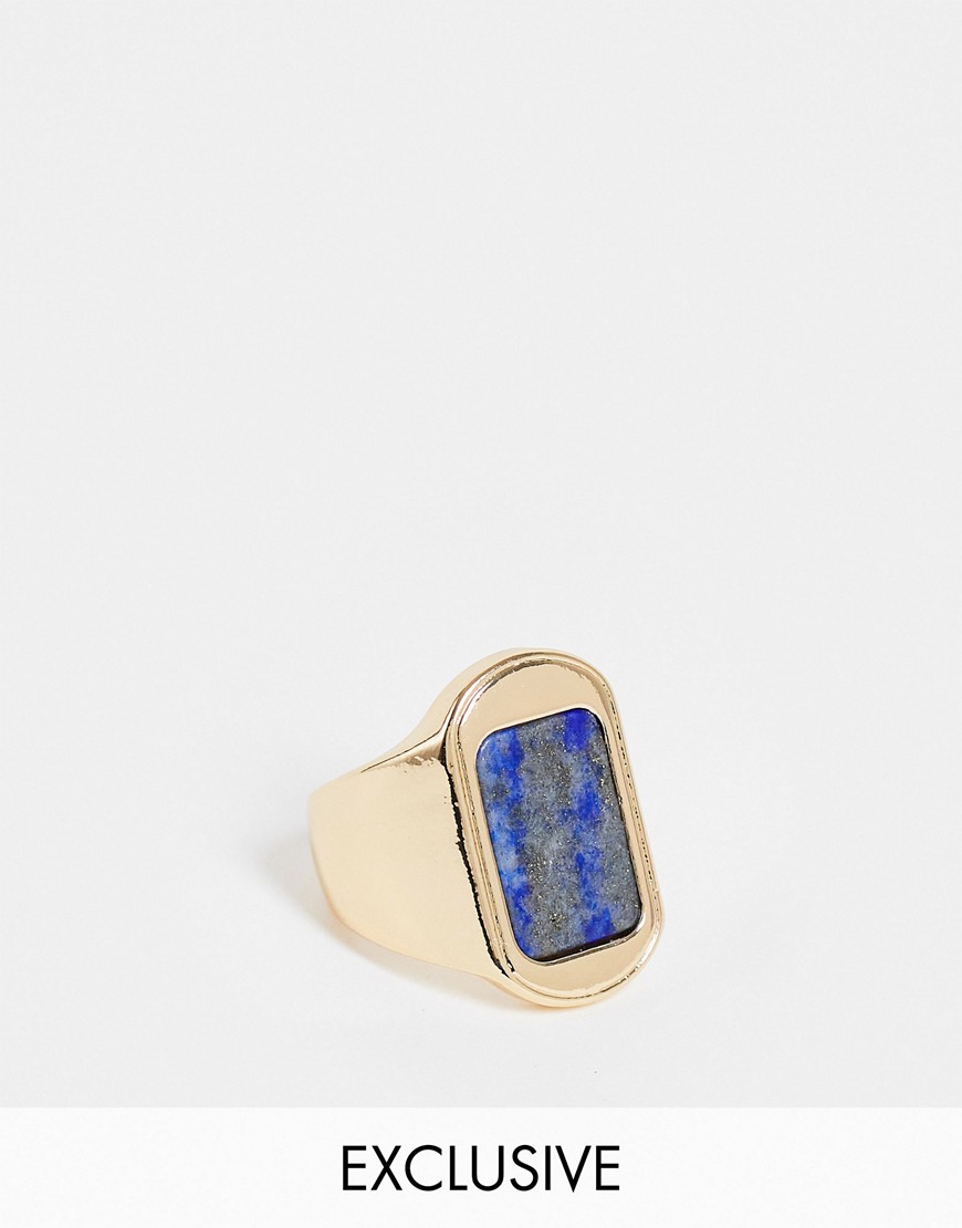 фото Золотистое кольцо-печатка с синим камнем reclaimed vintage inspired-золотистый
