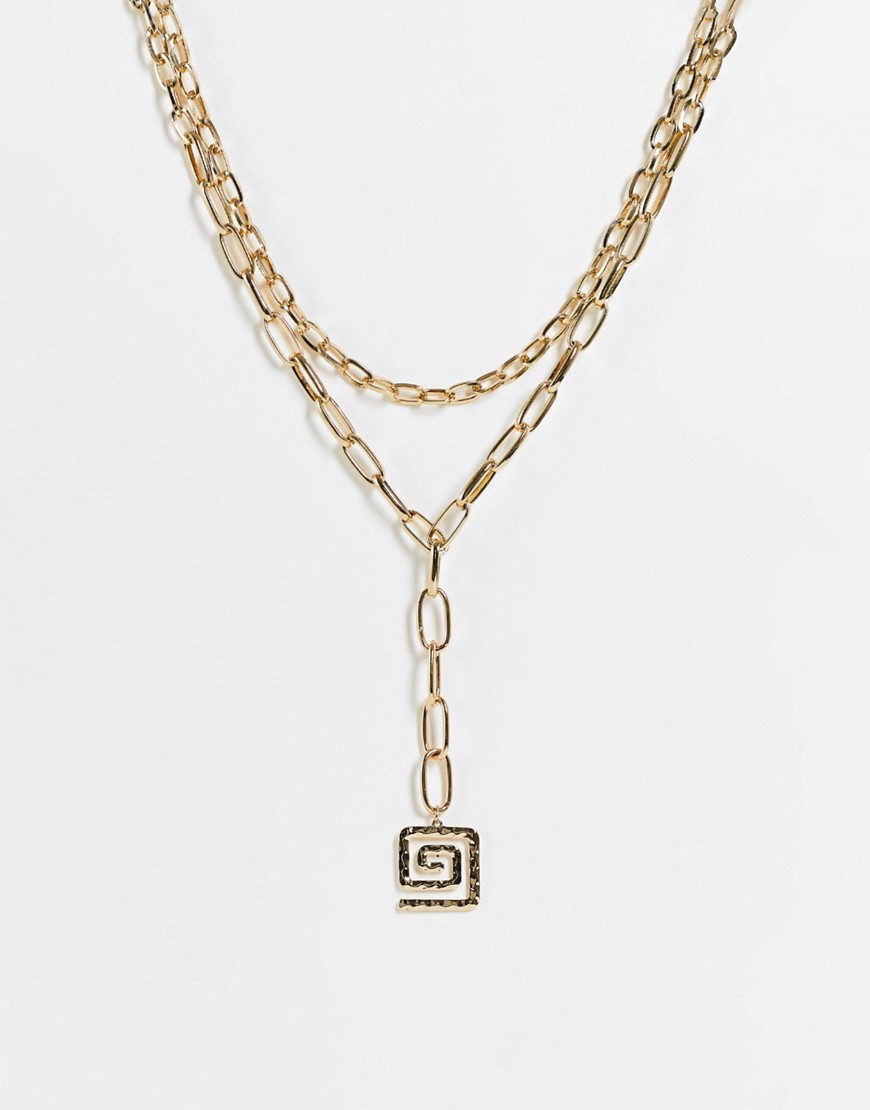фото Золотистое многоярусное ожерелье с квадратной подвеской в виде завитка topshop-золотистый