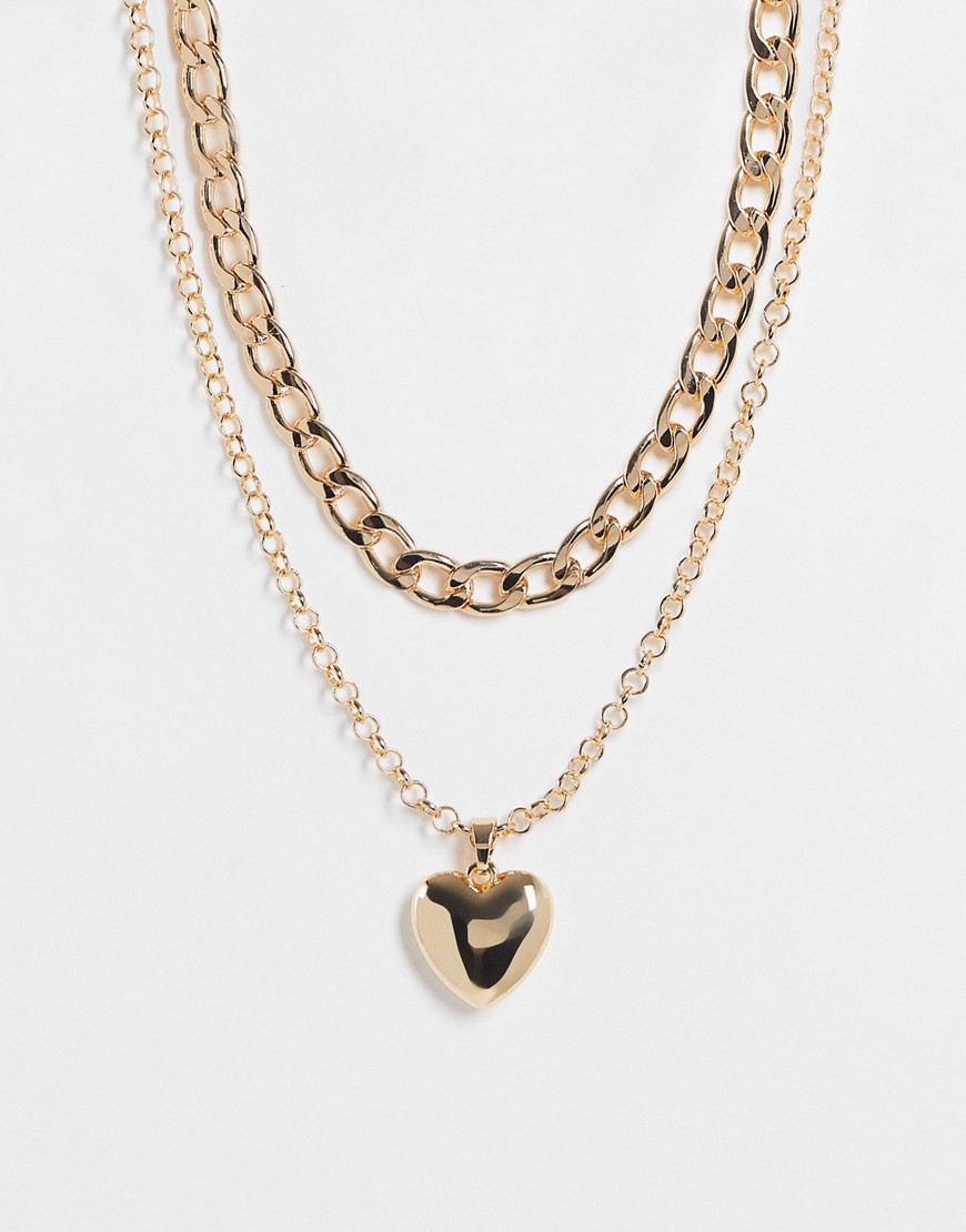 фото Золотистое ожерелье из нескольких цепочек с массивными звеньями и подвеской в виде сердца topshop-золотистый