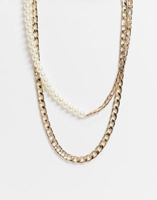 фото Золотистое ожерелье с комбинированным дизайном из цепочки и жемчужных бусинок asos design-золотистый