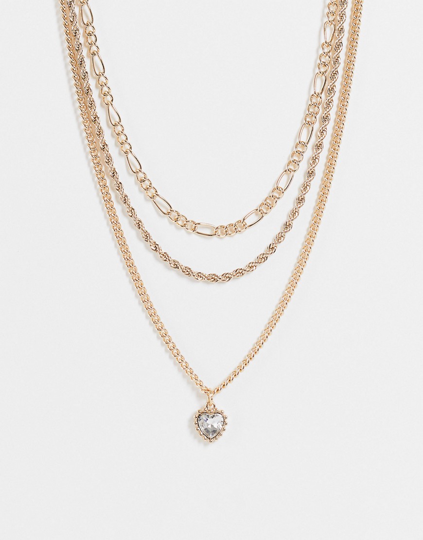 фото Золотистое ожерелье с несколькими цепочками и подвеской в виде сердечка с кристаллами topshop-золотистый