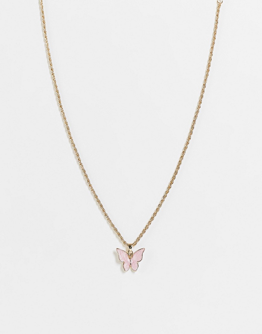 фото Золотистое ожерелье с подвеской в виде розовой бабочкой topshop-розовый цвет