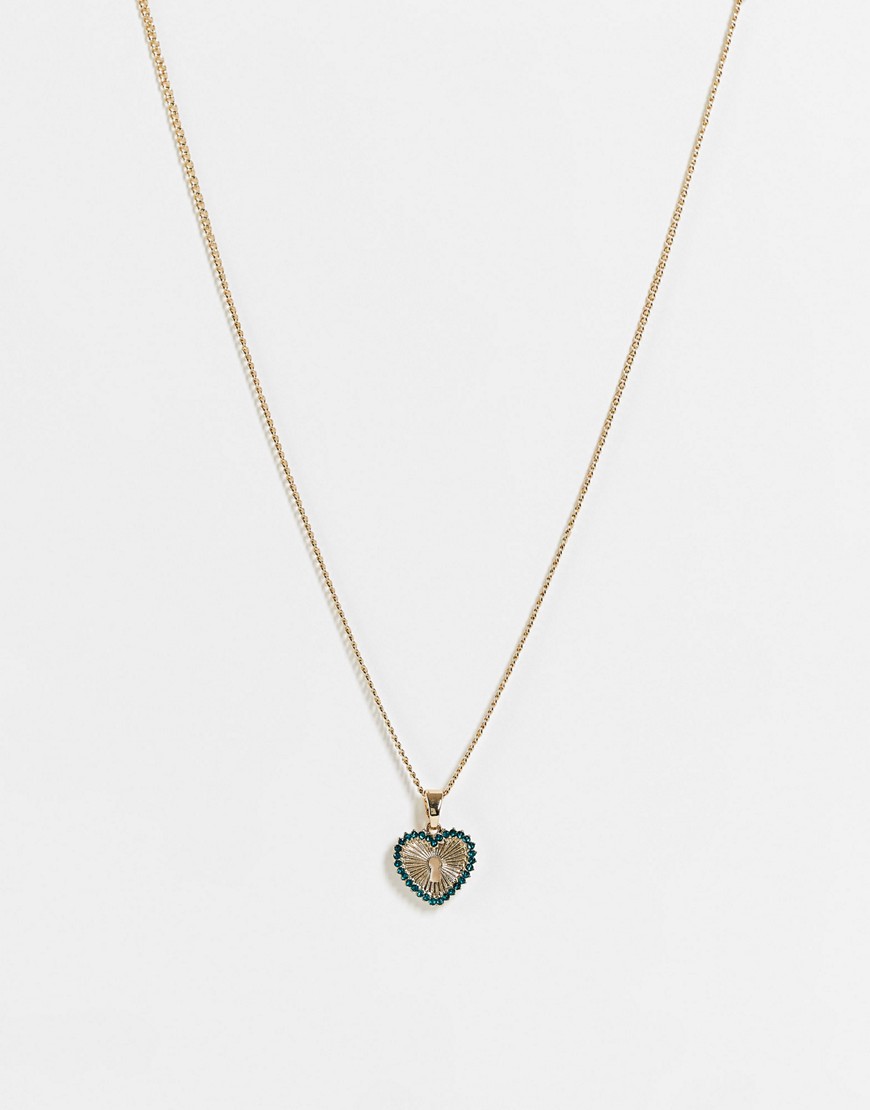 фото Золотистое ожерелье с подвеской в виде сердечка и замка с синими стразами topshop-золотистый
