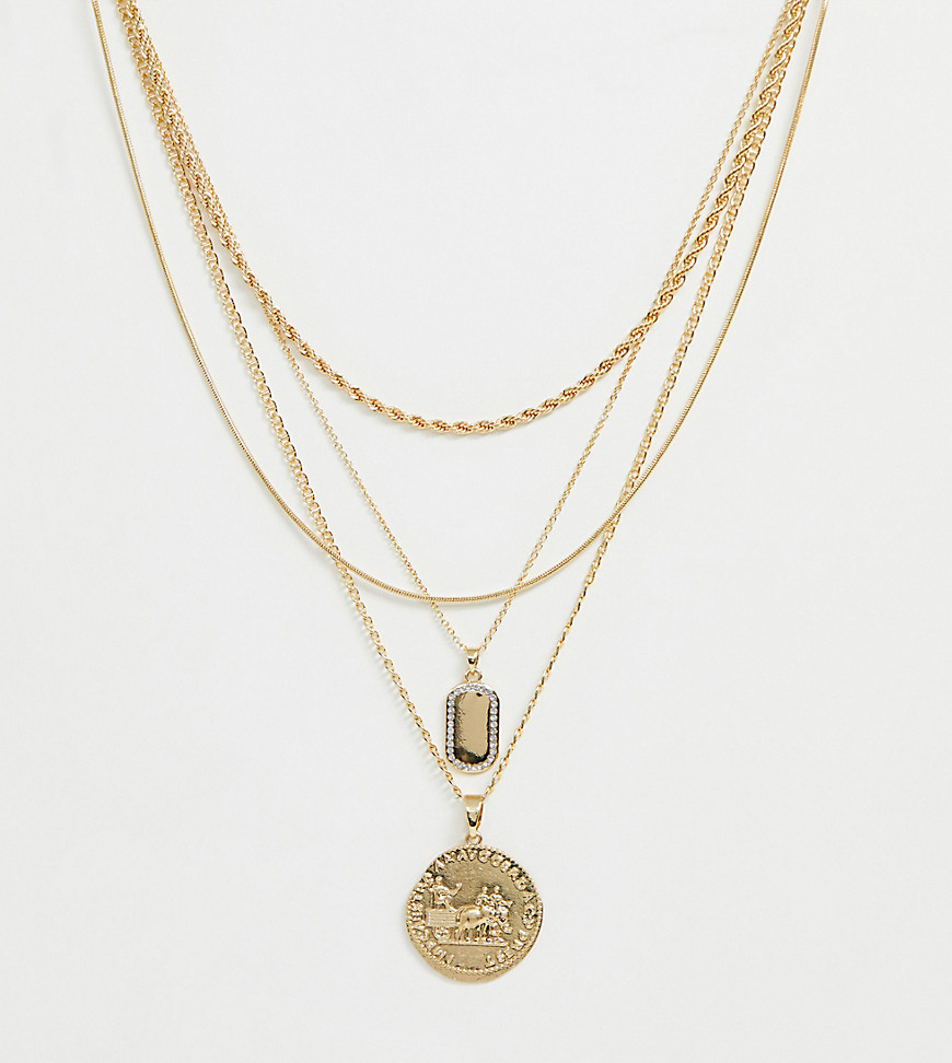 фото Золотистое ожерелье в несколько рядов с подвесками в виде монеты и армейского жетона с отделкой камнями asos design curve-золотой asos curve