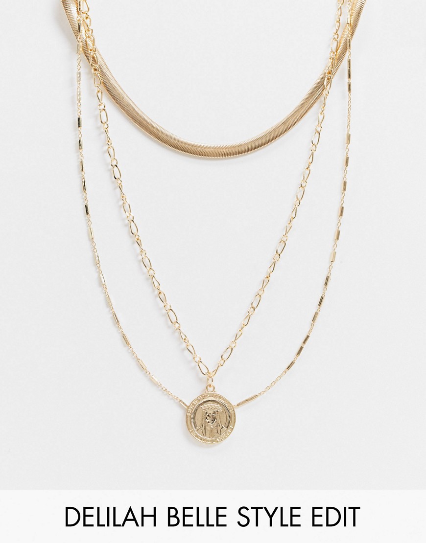 фото Золотистое ожерелье в несколько рядов с подвеской-монетой asos design-золотой