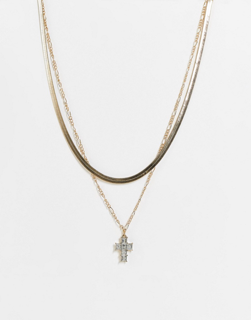 фото Золотистое ожерелье в несколько рядов с подвеской в виде креста со стразами topshop-золотистый