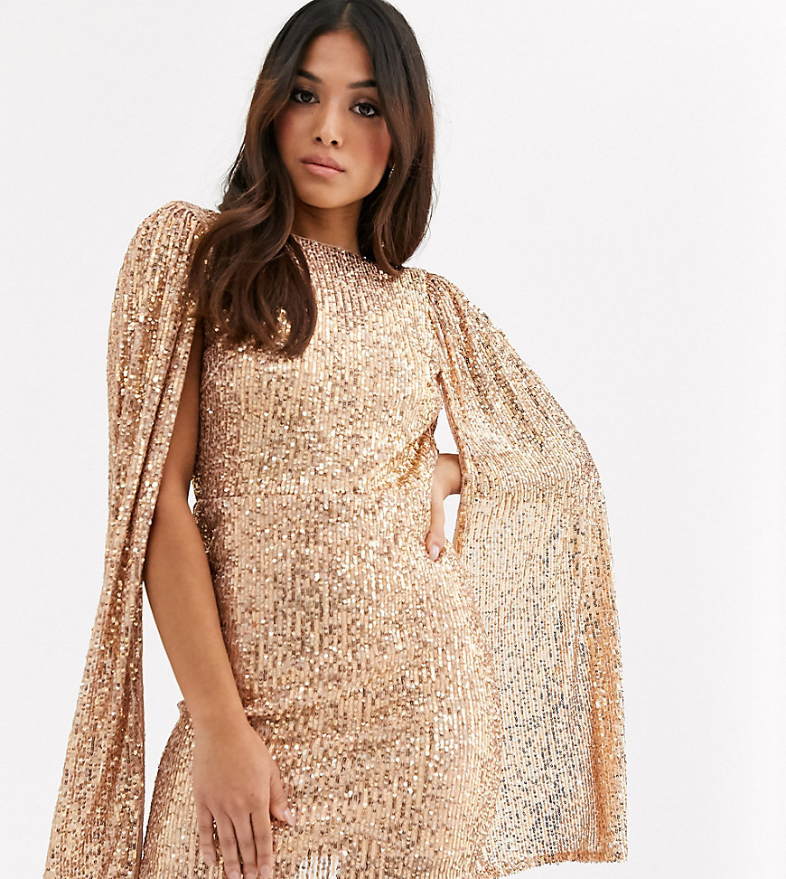 фото Золотистое платье мини с пайетками и складками на рукавах tfnc petite-золотой