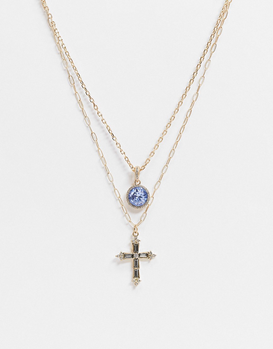 фото Золотистое ярусное ожерелье с подвесками в виде крестика и синего камня uncommon souls-золотистый