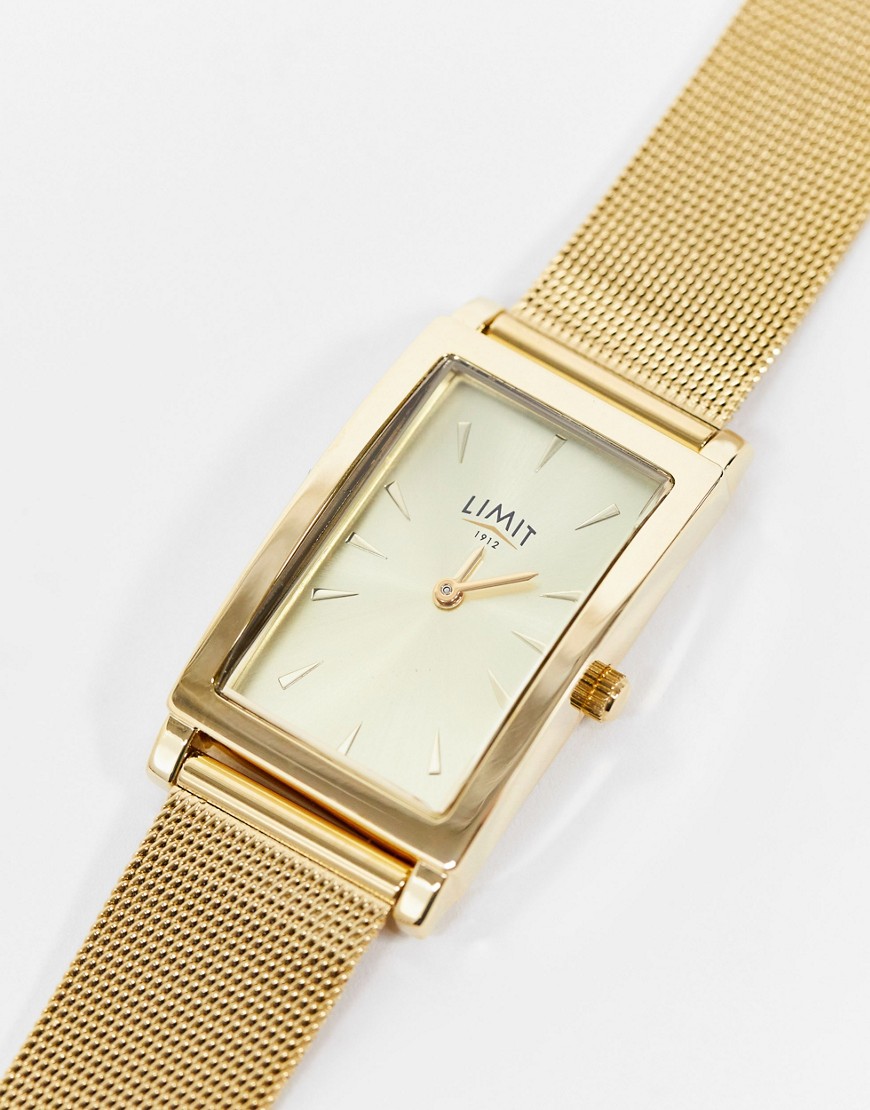 фото Золотистые часы с сетчатым ремешком и прямоугольным циферблатом limit-золотистый