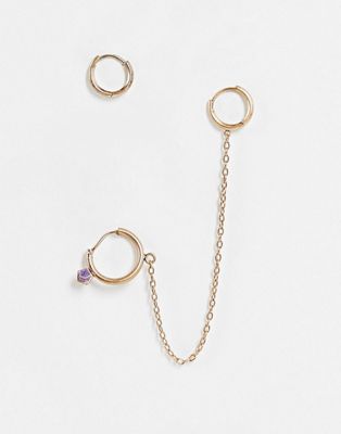 фото Золотистые серьги-кольца с аметистом и цепочкой allsaints-золотистый