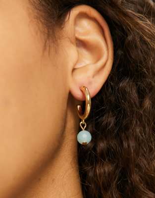  Золотистые серьги-кольца с голубой подвеской-бусинкой Accessorize-Золотистый