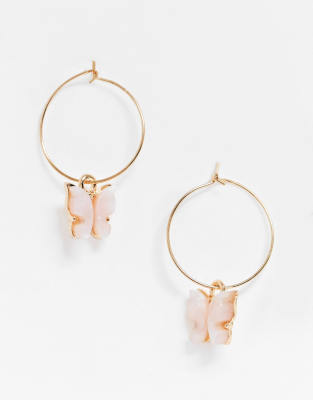  Золотистые серьги-кольца с розовыми бабочками ASOS DESIGN-Золотистый