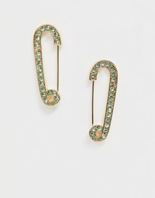фото Золотистые серьги с зелеными кристаллами в форме английской булавки asos design-золотой
