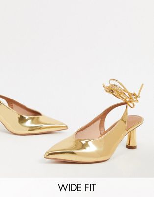 фото Золотистые туфли на каблуке с завязками asos design-золотой