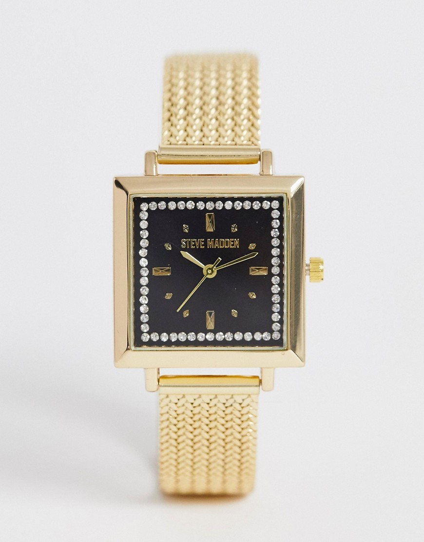 фото Золотистые женские часы с квадратным циферблатом и сетчатым браслетом steve madden-золотой