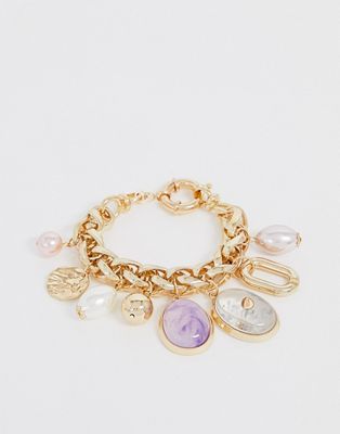 фото Золотистый браслет с жемчугом и камнями asos design-золотой