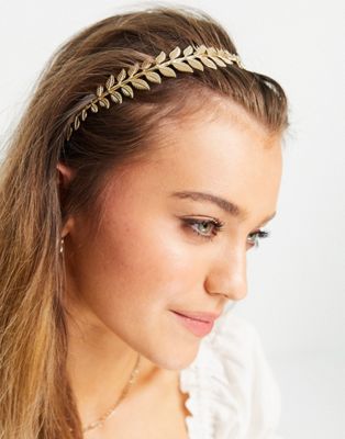 фото Золотистый ободок для волос с листиками asos design