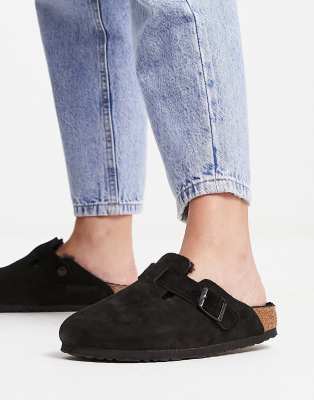 Zuecos Negros Con Forro De Piel Sintética Boston De Birkenstock | ASOS