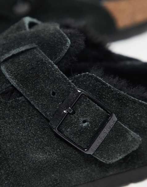Zuecos negros unisex de ante con forro de borreguito Boston de Birkenstock
