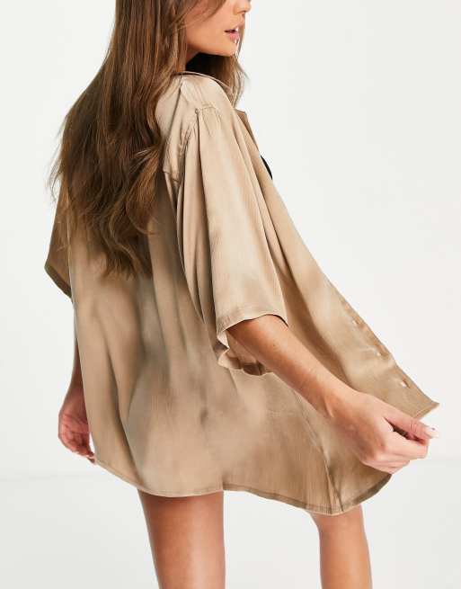 Zulu & Zephyr - Exclusivité - Chemise d'ensemble de plage en satin - Châtaigne, 2 de 4