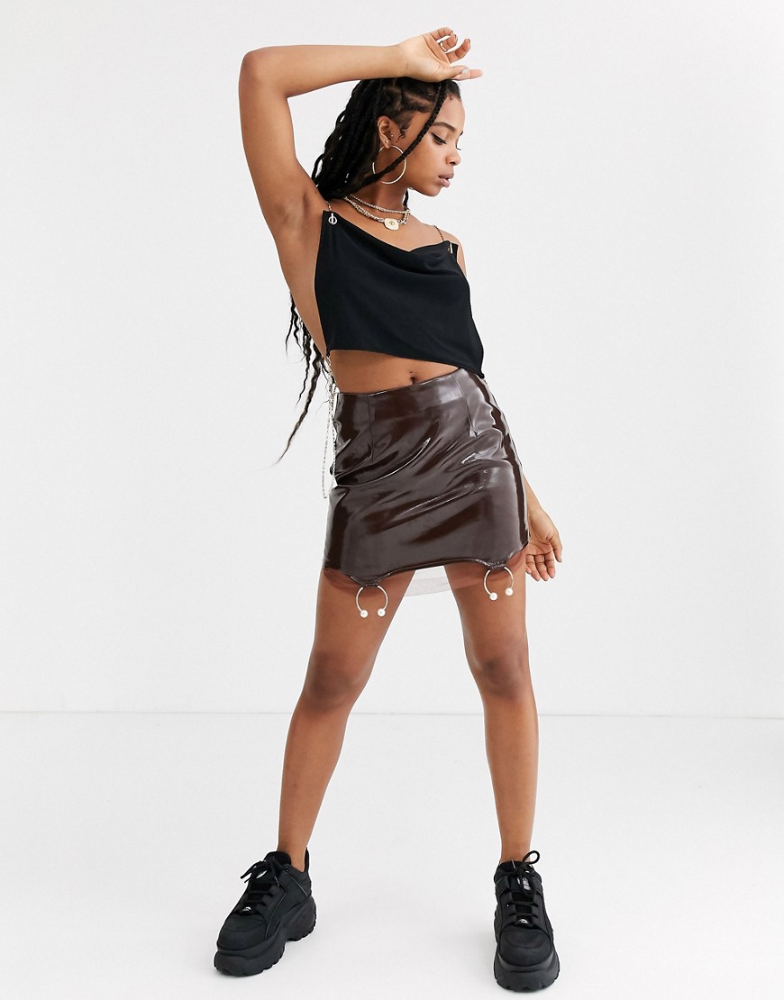 ZYA mini skirt with pearl rings in pu-Brown