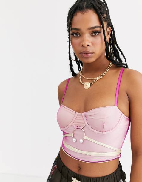 ZYA stuctured cami top with pearl ring